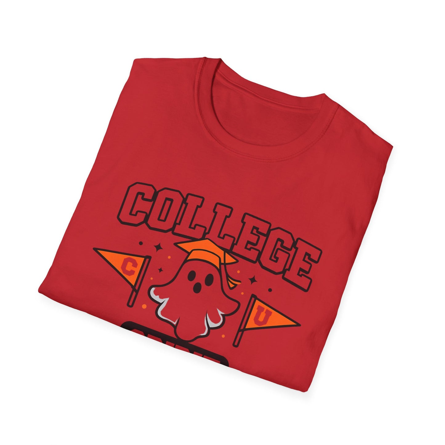 College Spirit T-Shirt — Cute Ghost Mascot with Pennants