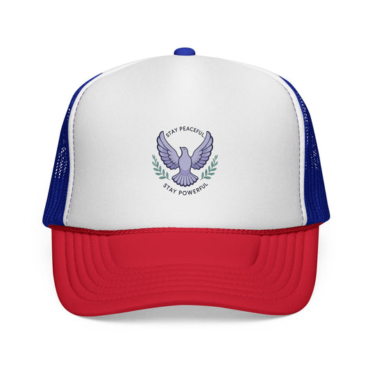 Patriotic Dove Trucker Hat — "Stay Peaceful Stay Powerful" Embroidered Cap