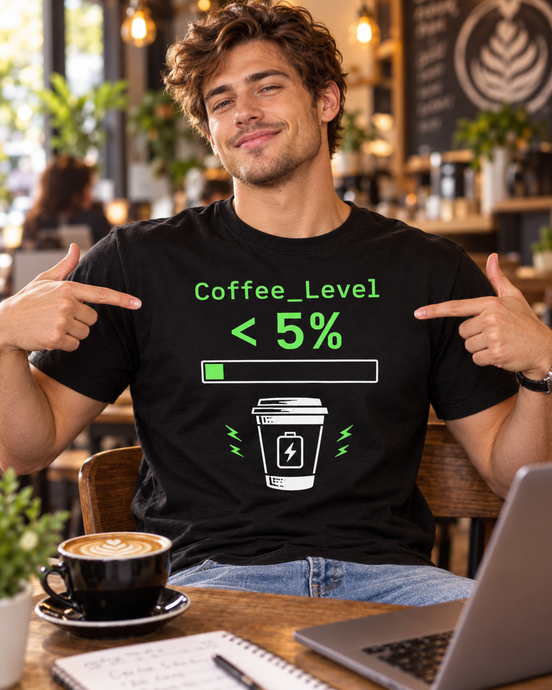 Coffee Level <5% T‑Shirt — Funny Low Battery Coffee Tee for Coffee Lovers