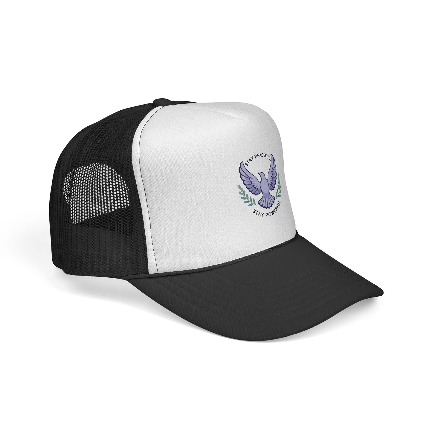 Patriotic Dove Trucker Hat — "Stay Peaceful Stay Powerful" Embroidered Cap