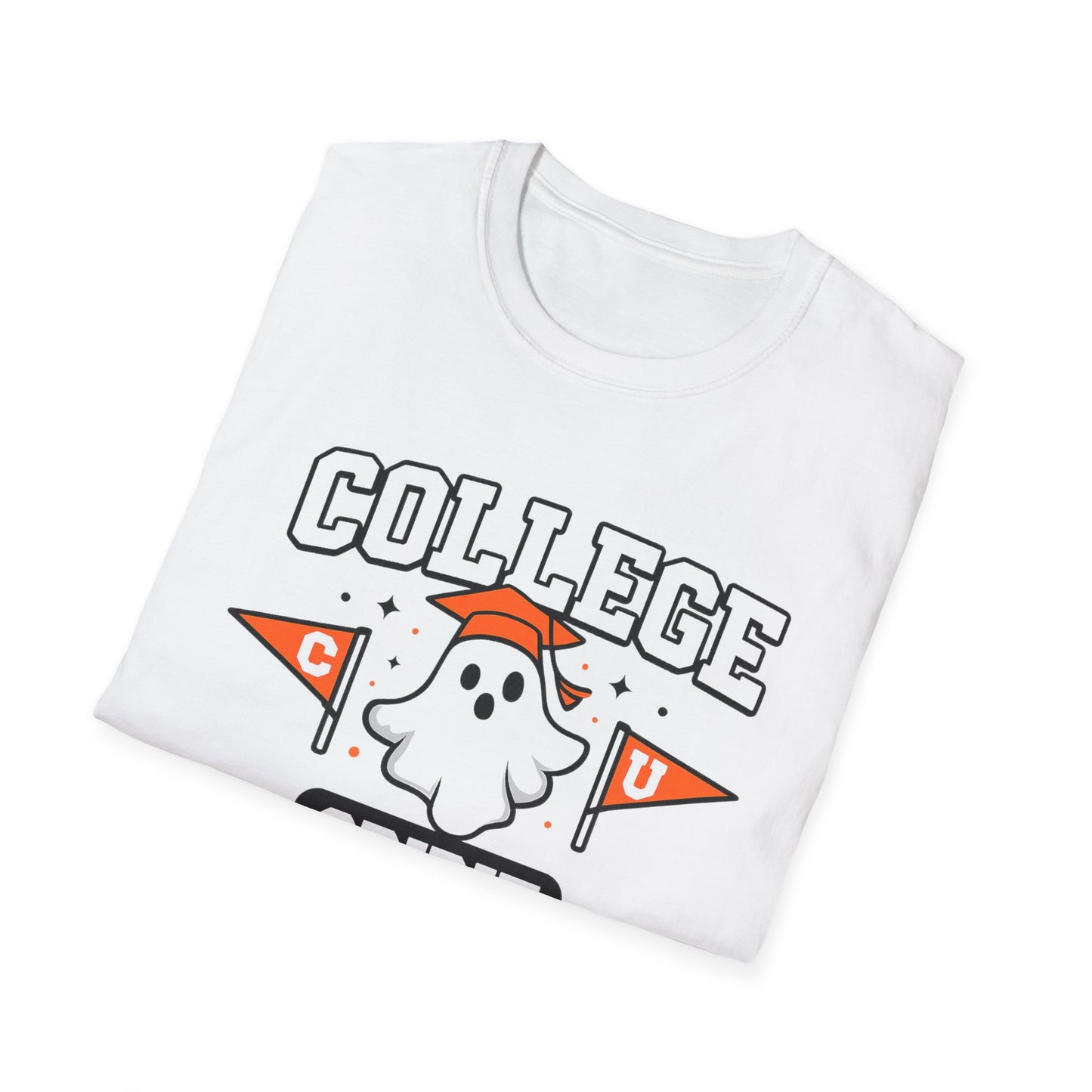College Spirit T-Shirt — Cute Ghost Mascot with Pennants