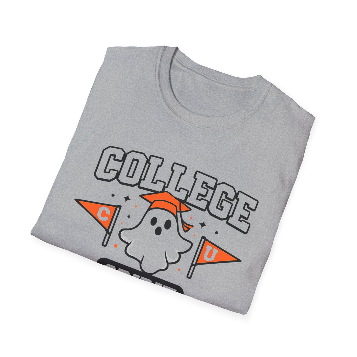College Spirit T-Shirt — Cute Ghost Mascot with Pennants