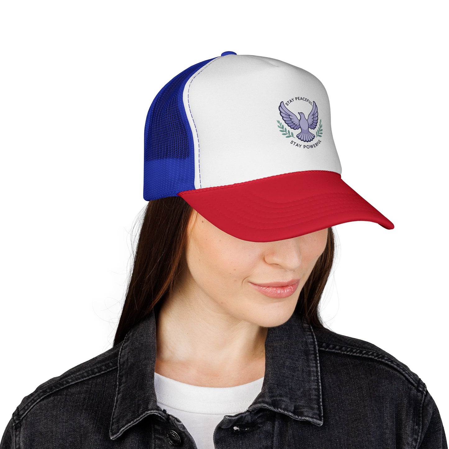Patriotic Dove Trucker Hat — "Stay Peaceful Stay Powerful" Embroidered Cap