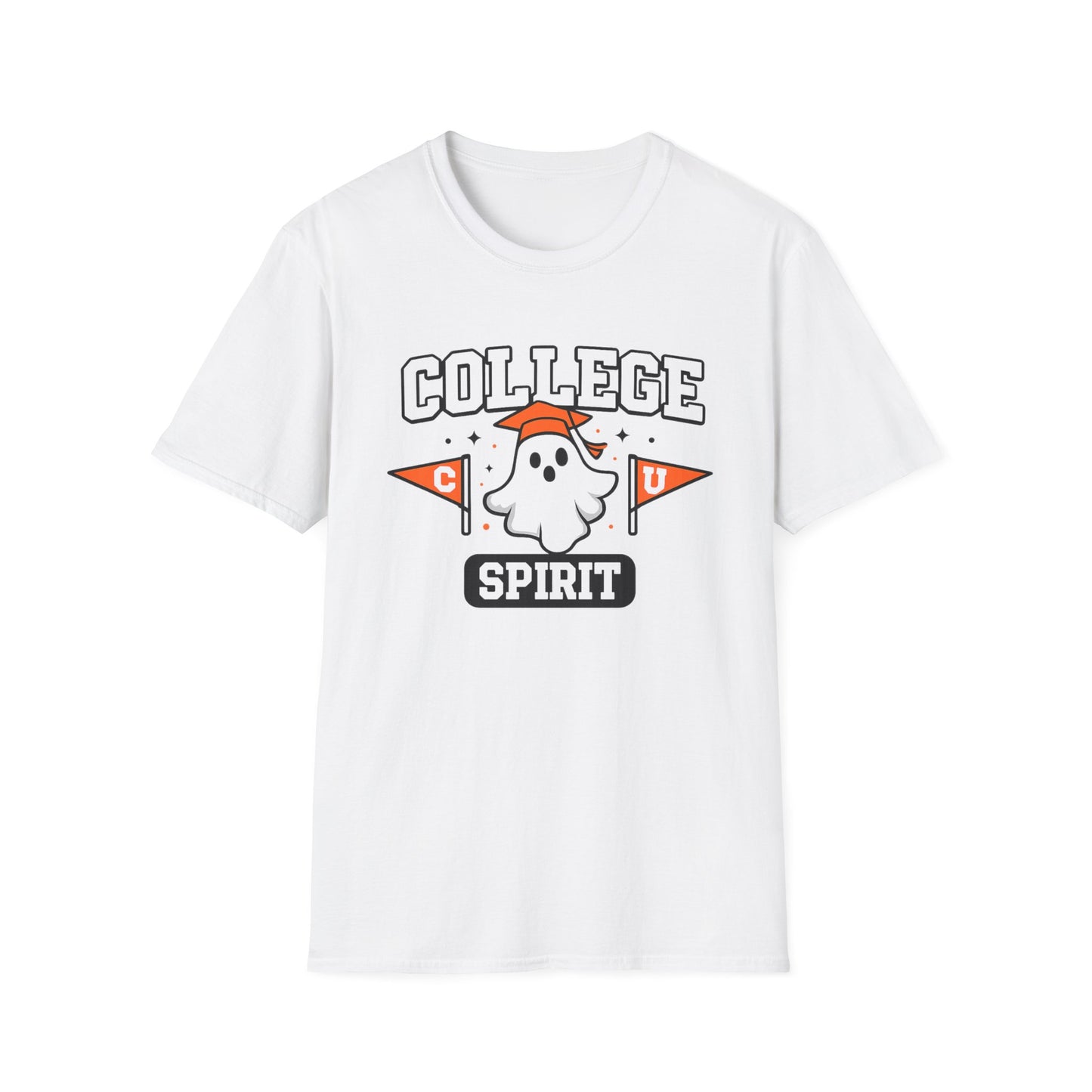 College Spirit T-Shirt — Cute Ghost Mascot with Pennants