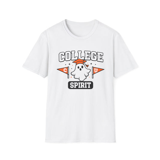 College Spirit T-Shirt — Cute Ghost Mascot with Pennants