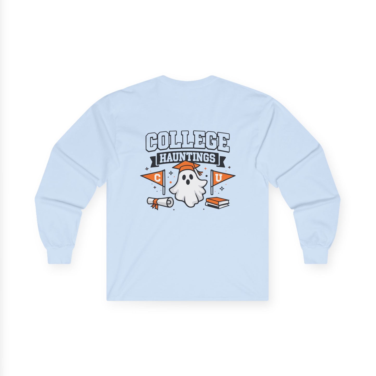 College Hauntings Long Sleeve Tee — Cute Ghost College Halloween Shirt