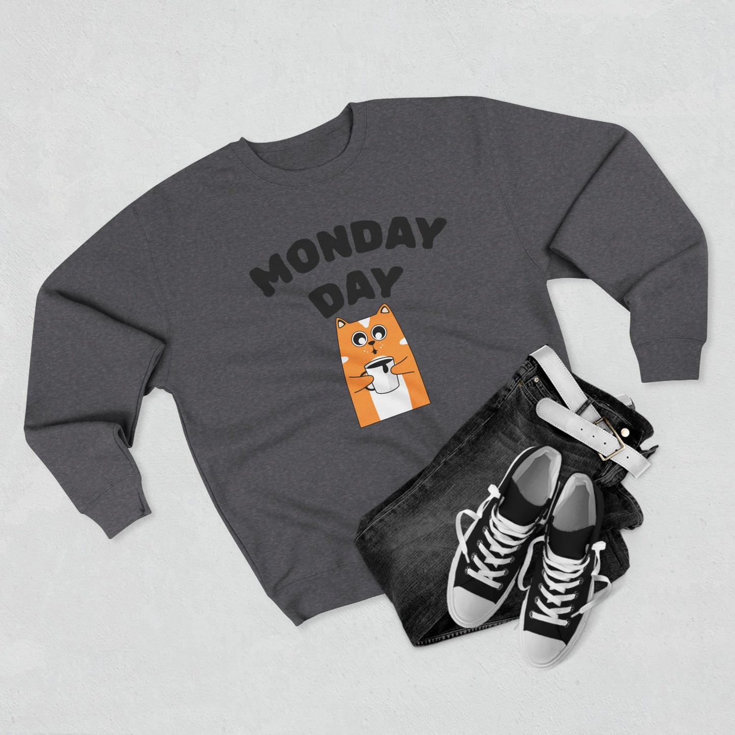 Monday Day Sweatshirt — Cute Coffee Cat Graphic Crewneck