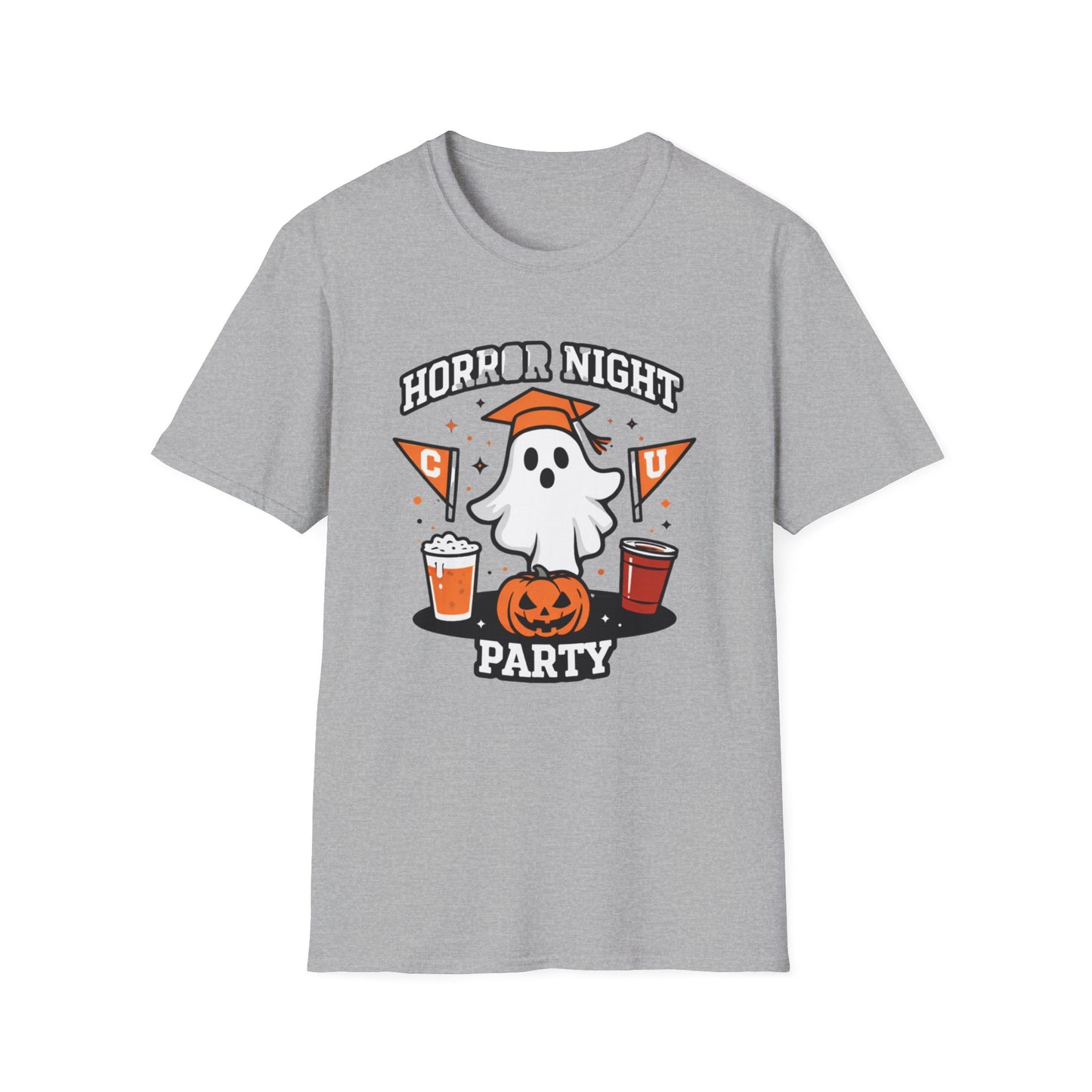 Halloween Ghost Party T-Shirt — "Horror Night Party" Cute Pumpkin & Drinks Tee