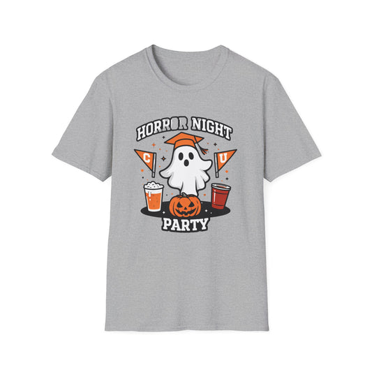 Halloween Ghost Party T-Shirt — "Horror Night Party" Cute Pumpkin & Drinks Tee