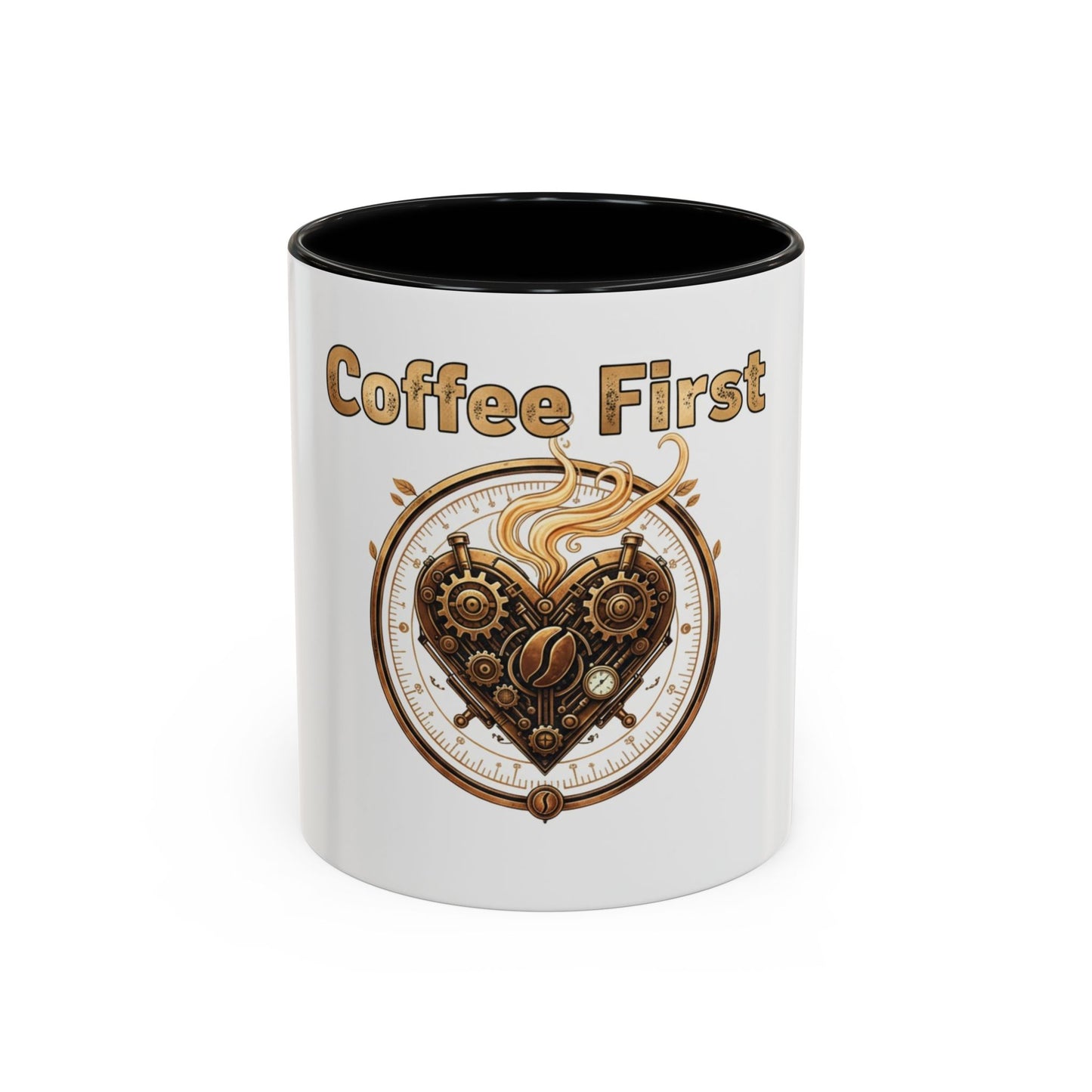 Coffee First Accent Mug — Steampunk Heart Design (11/15oz)