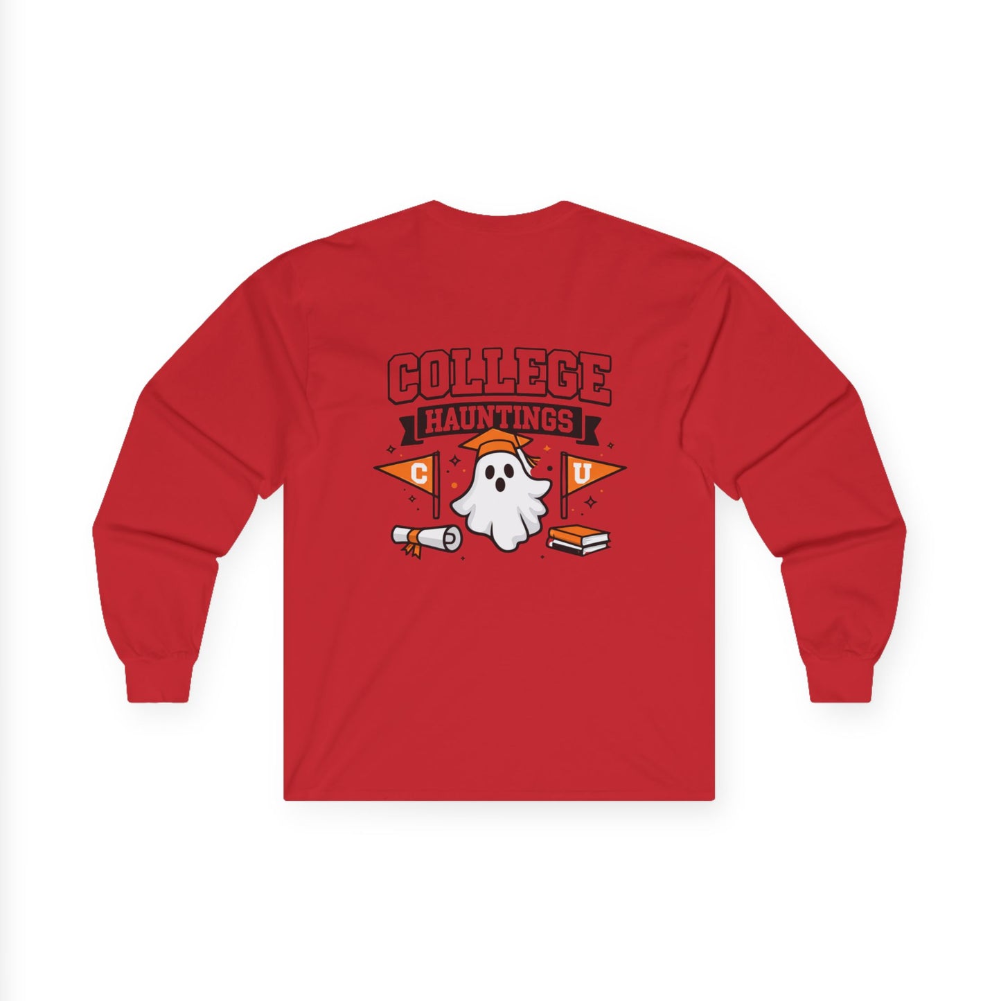 College Hauntings Long Sleeve Tee — Cute Ghost College Halloween Shirt