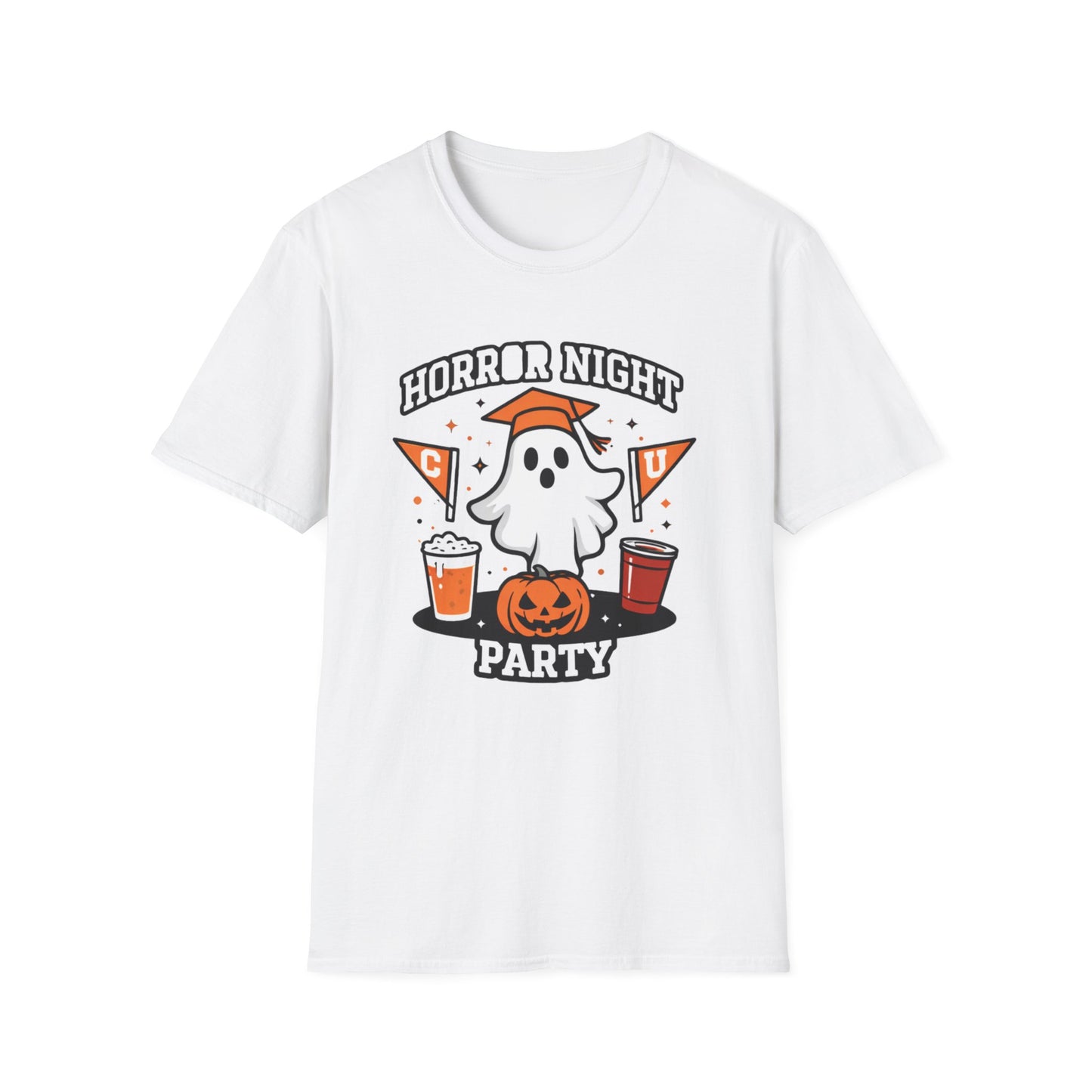 Halloween Ghost Party T-Shirt — "Horror Night Party" Cute Pumpkin & Drinks Tee