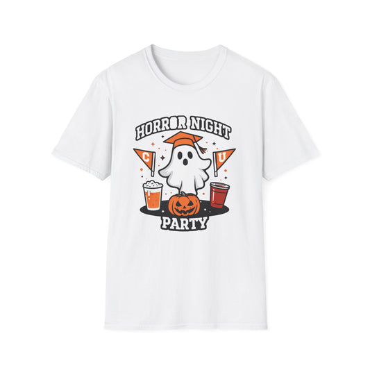 Halloween Ghost Party T-Shirt — "Horror Night Party" Cute Pumpkin & Drinks Tee