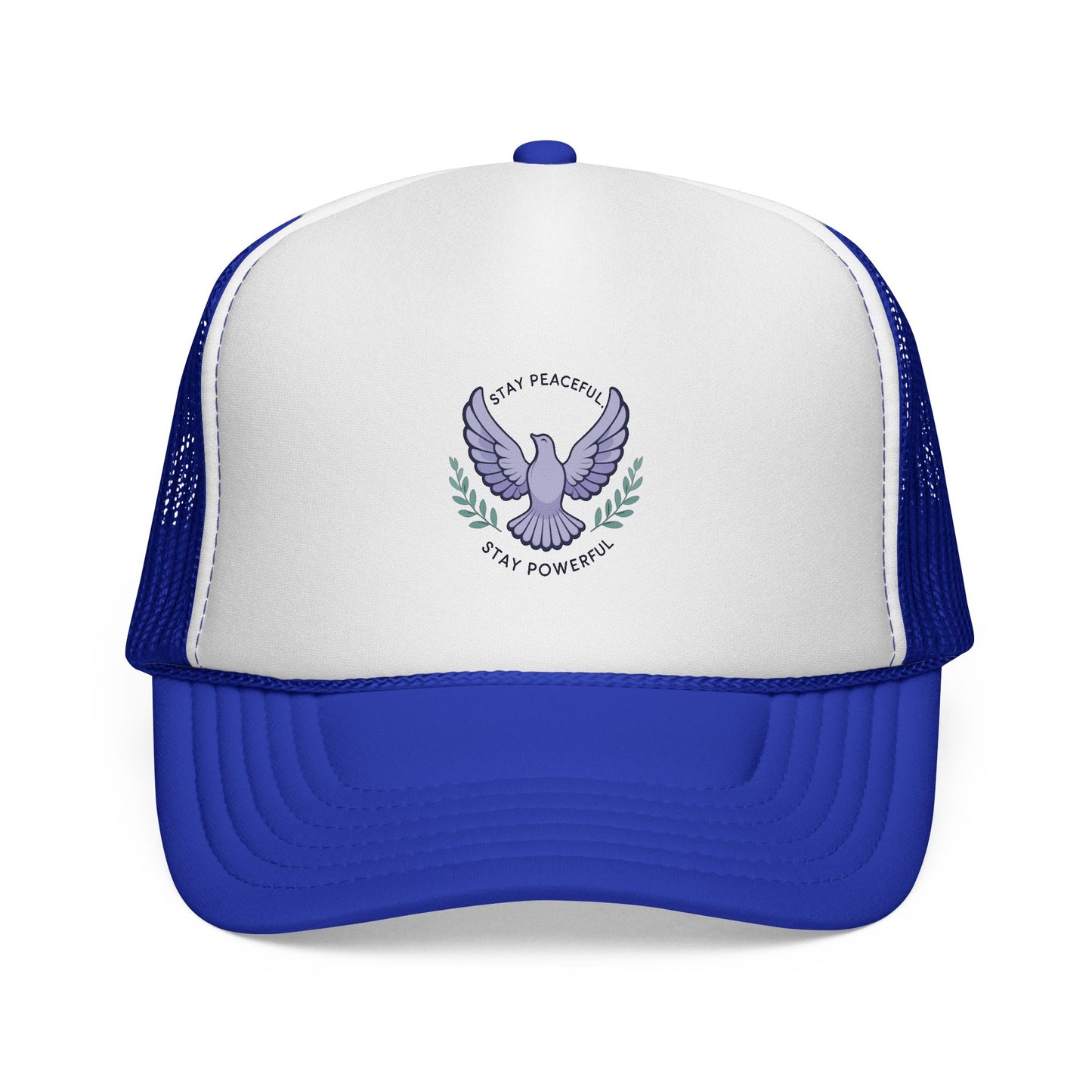 Patriotic Dove Trucker Hat — "Stay Peaceful Stay Powerful" Embroidered Cap