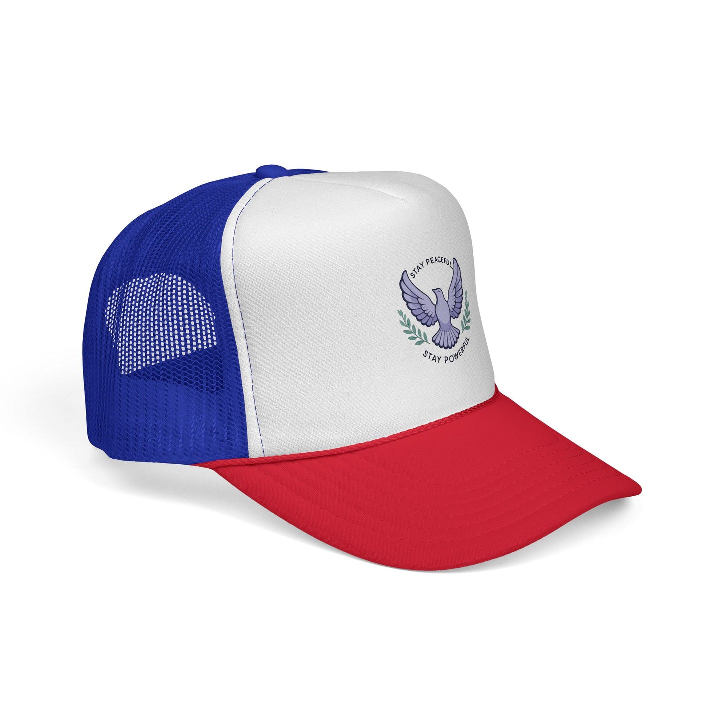 Patriotic Dove Trucker Hat — "Stay Peaceful Stay Powerful" Embroidered Cap