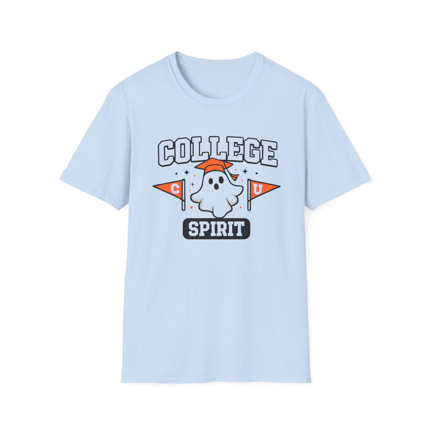 College Spirit T-Shirt — Cute Ghost Mascot with Pennants