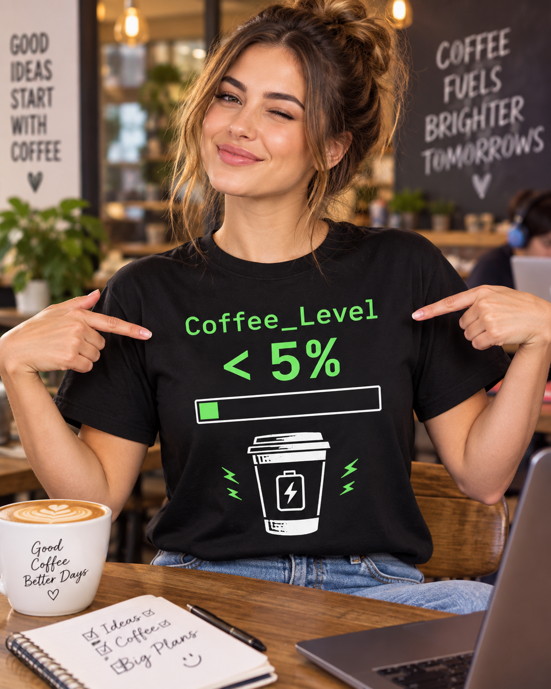 Coffee Level <5% T‑Shirt — Funny Low Battery Coffee Tee for Coffee Lovers