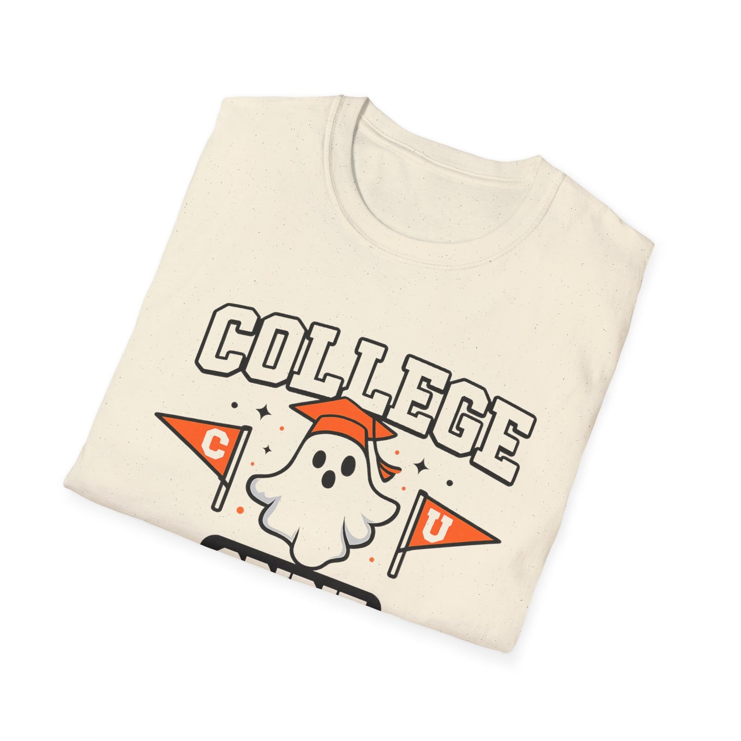 College Spirit T-Shirt — Cute Ghost Mascot with Pennants