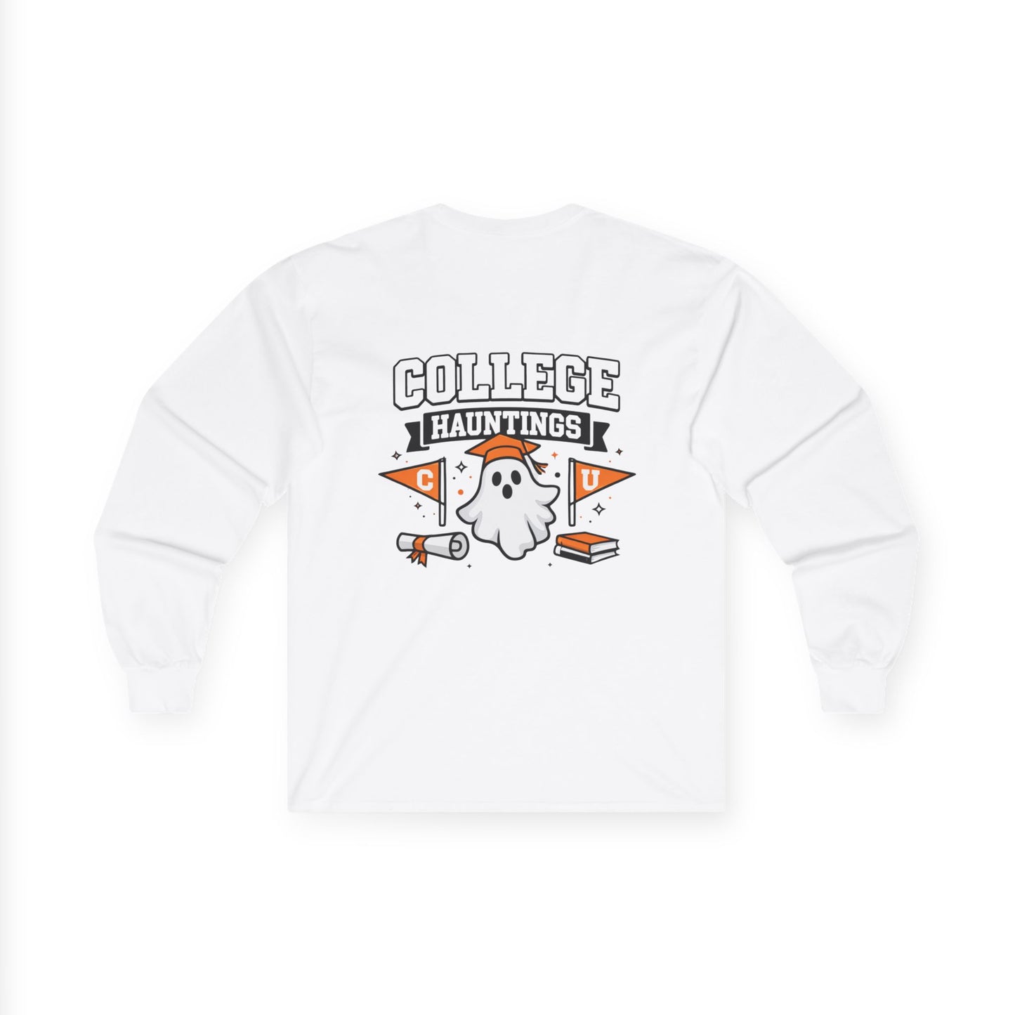 College Hauntings Long Sleeve Tee — Cute Ghost College Halloween Shirt