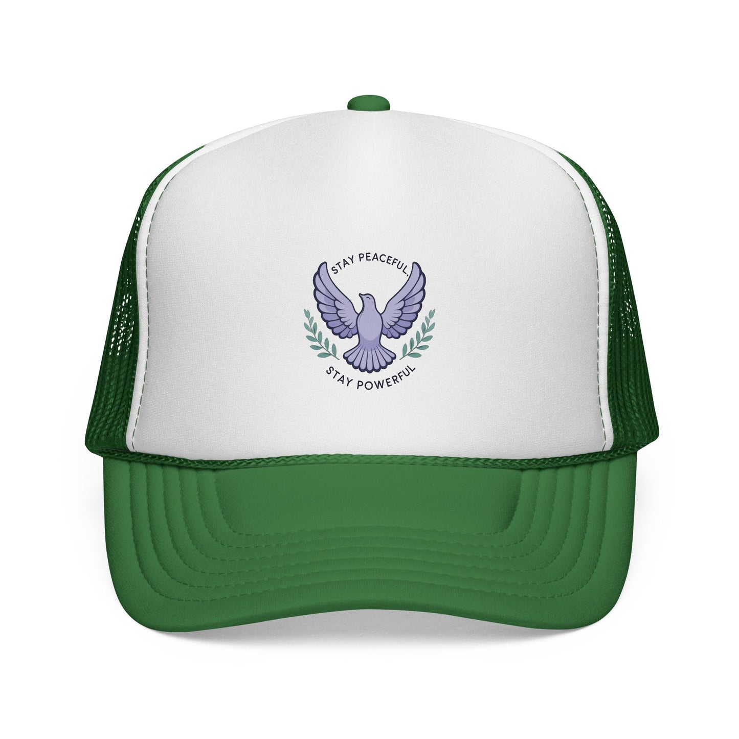Patriotic Dove Trucker Hat — "Stay Peaceful Stay Powerful" Embroidered Cap