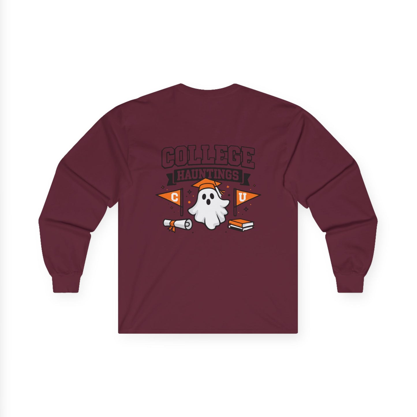 College Hauntings Long Sleeve Tee — Cute Ghost College Halloween Shirt