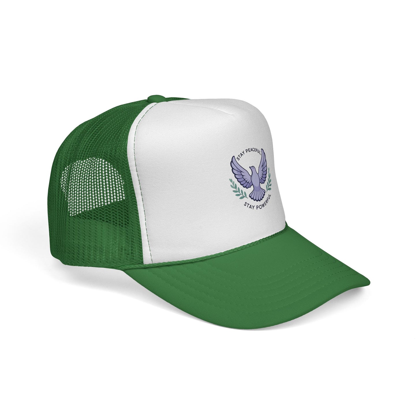 Patriotic Dove Trucker Hat — "Stay Peaceful Stay Powerful" Embroidered Cap