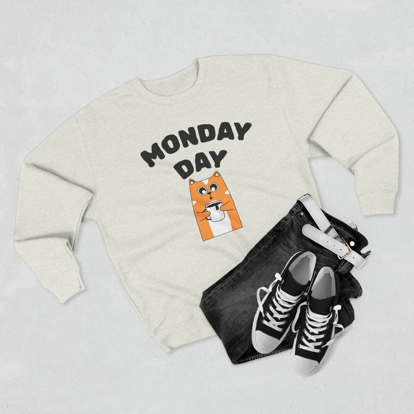 Monday Day Sweatshirt — Cute Coffee Cat Graphic Crewneck