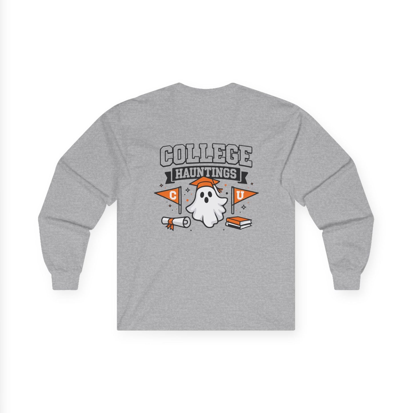 College Hauntings Long Sleeve Tee — Cute Ghost College Halloween Shirt