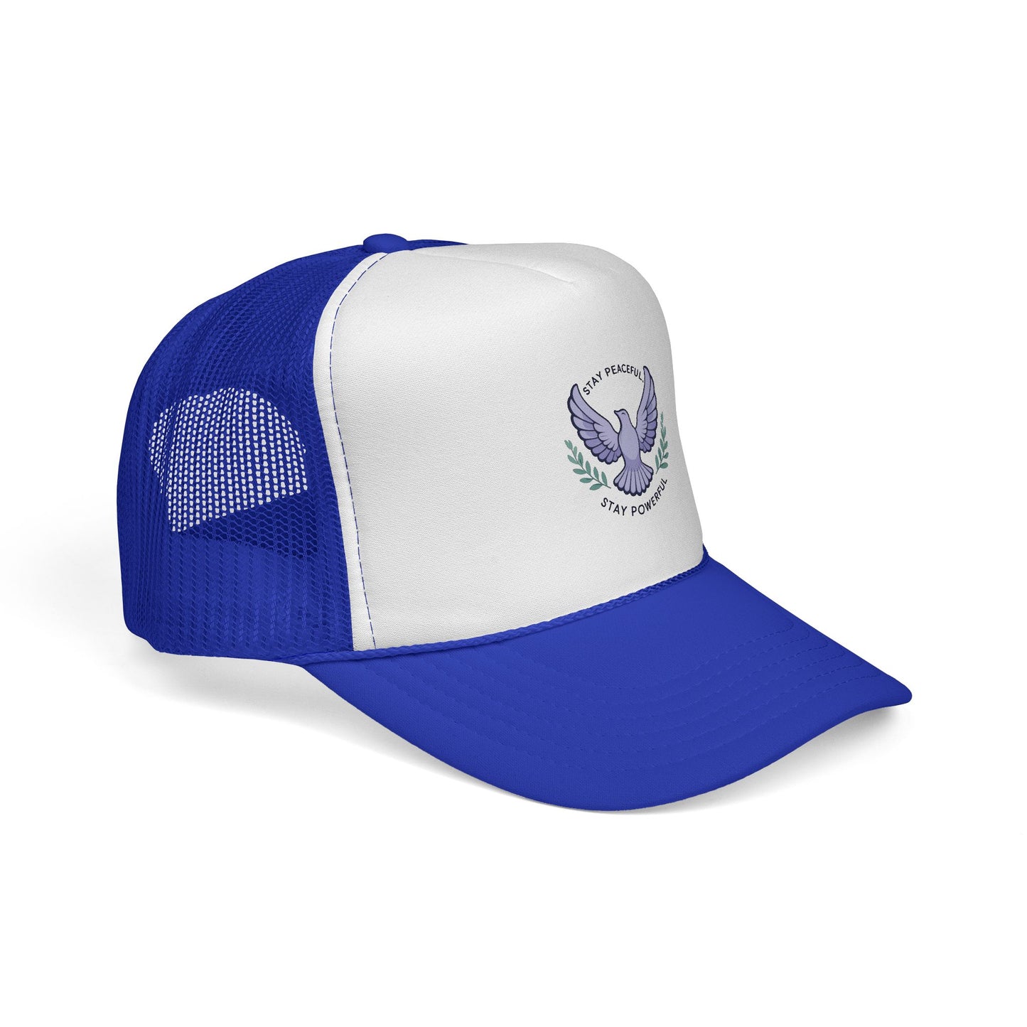 Patriotic Dove Trucker Hat — "Stay Peaceful Stay Powerful" Embroidered Cap