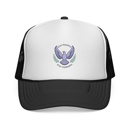 Patriotic Dove Trucker Hat — "Stay Peaceful Stay Powerful" Embroidered Cap