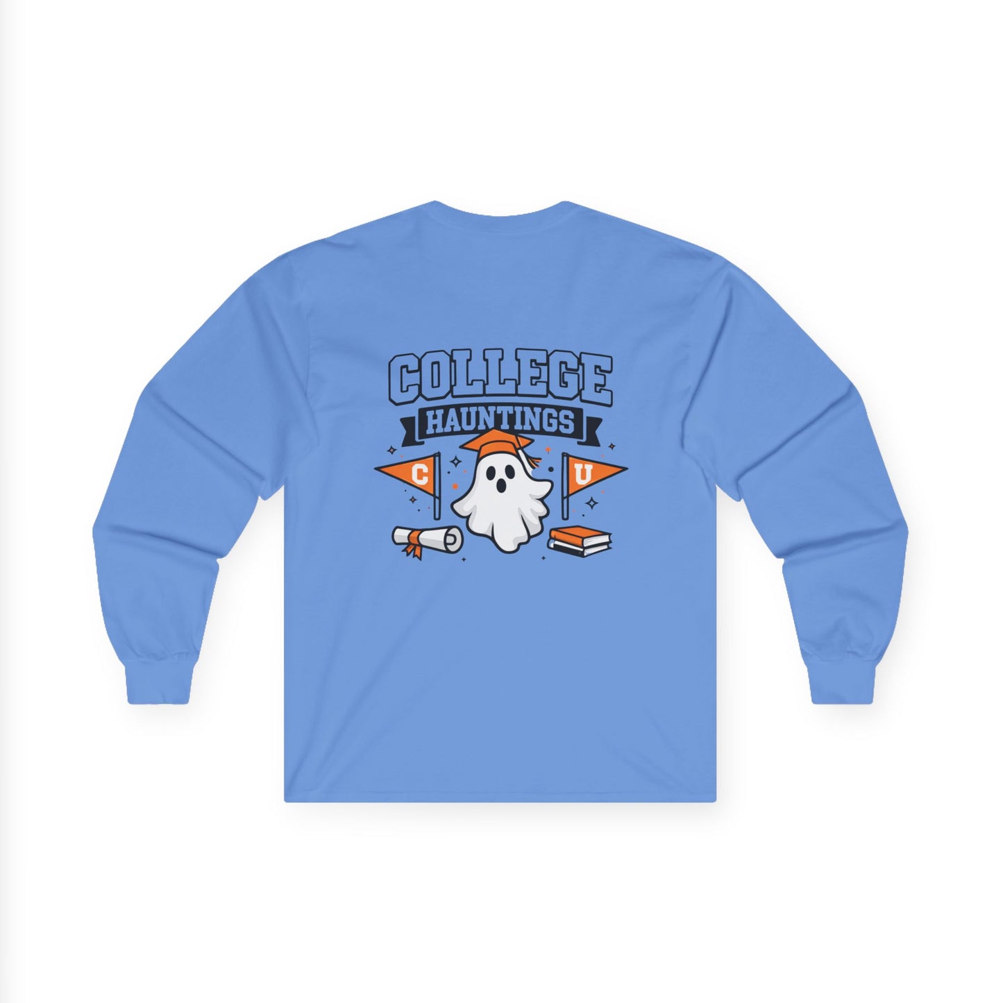 College Hauntings Long Sleeve Tee — Cute Ghost College Halloween Shirt