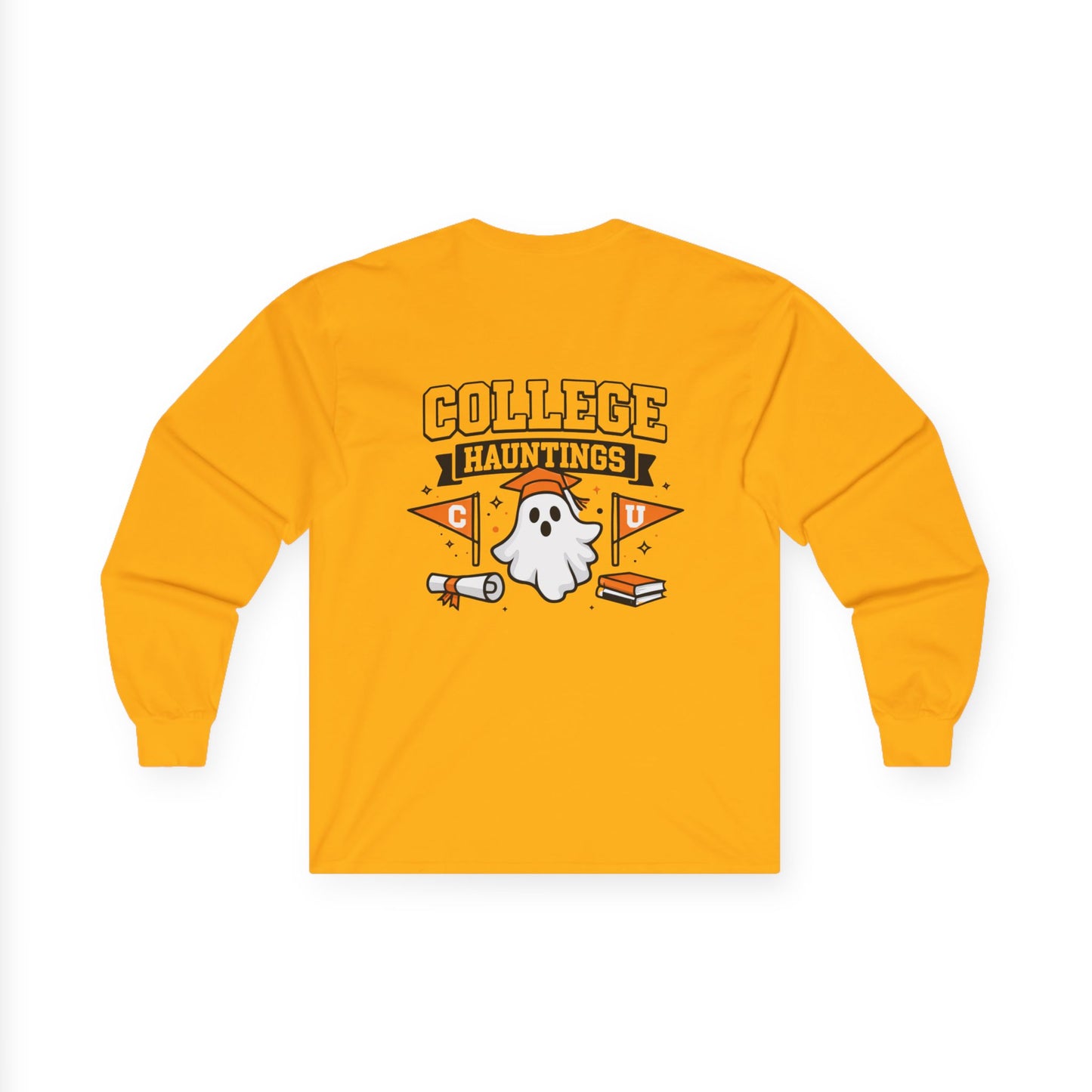 College Hauntings Long Sleeve Tee — Cute Ghost College Halloween Shirt