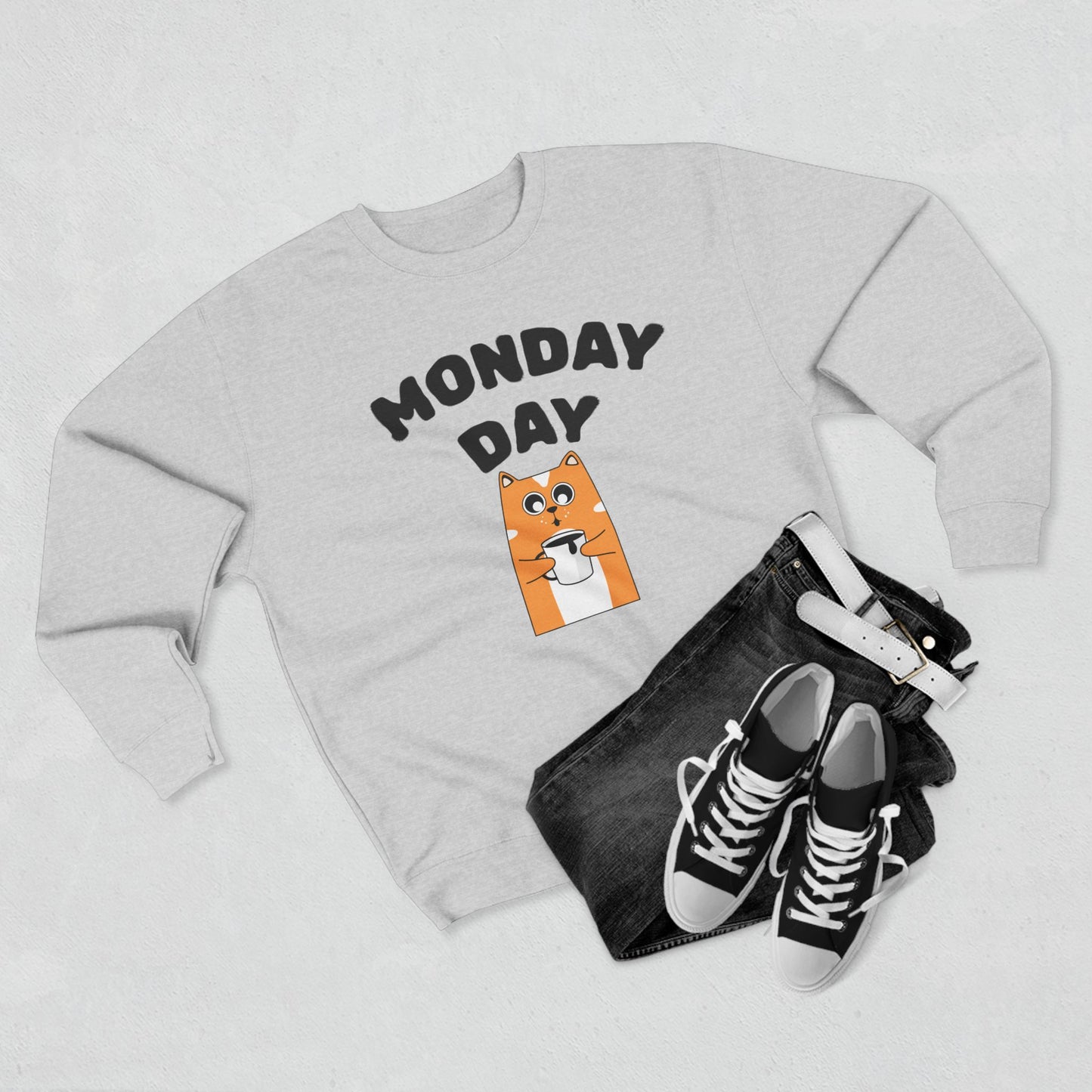 Monday Day Sweatshirt — Cute Coffee Cat Graphic Crewneck